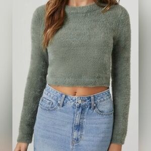 Forever 21 Fuzzy Chenille Ribbed Crop Top Sweater M Forest Green Cozy